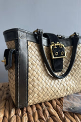 2004 Coach Metallic Black Woven Straw Tote Bag