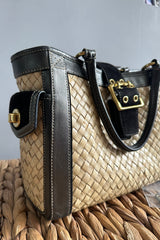 2004 Coach Metallic Black Woven Straw Tote Bag