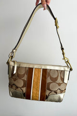 2007 Coach Metallic Gold & Beige Stripe Signature Canvas Bag